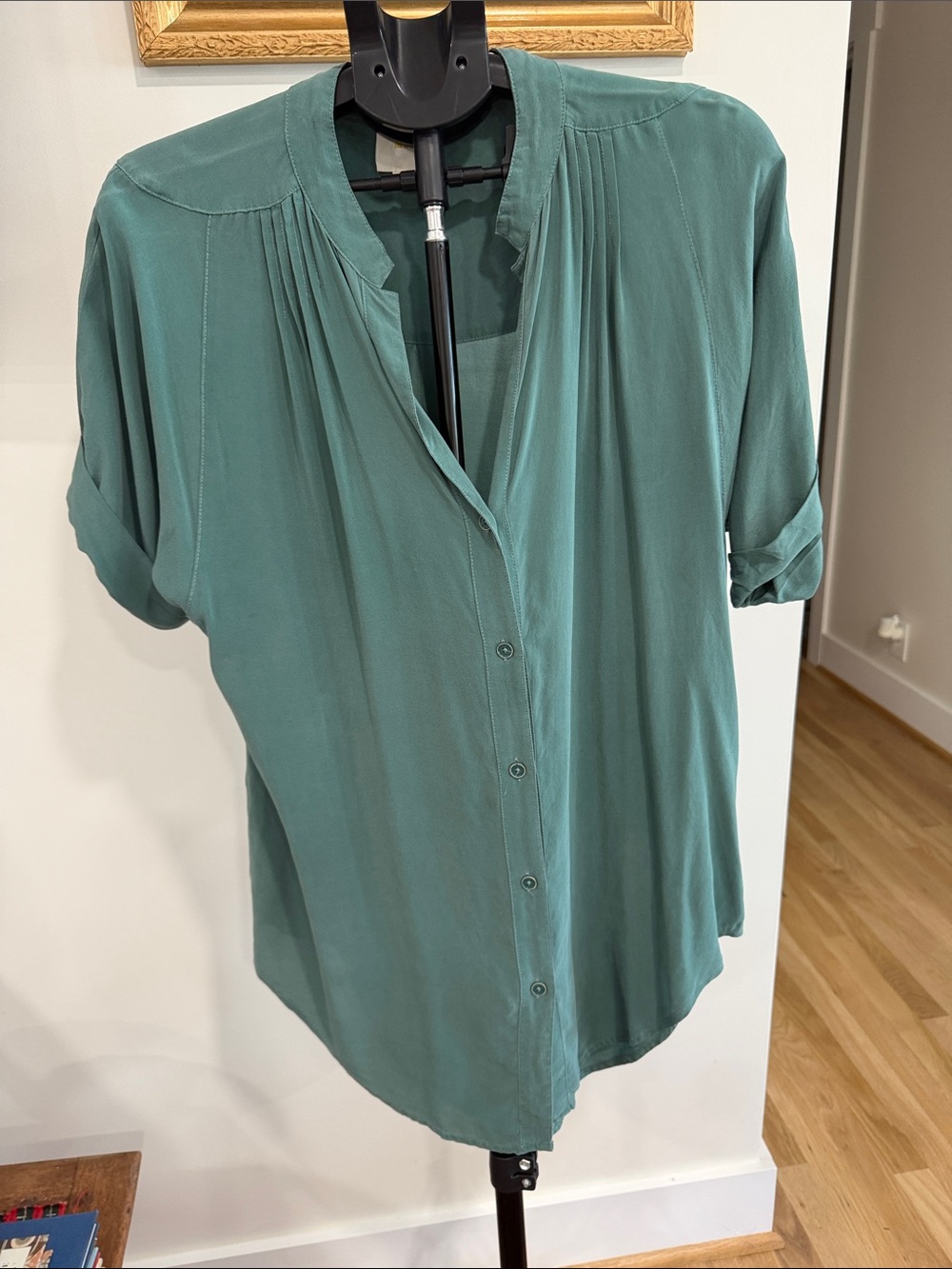 Maeve Teal Short-Sleeve Pintuck Button-Down Top 100% Silk